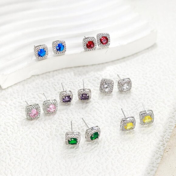Women's Purple Square Simulated Dainty Diamond Halo Sparkling Stud Earring - Picture 7 of 9